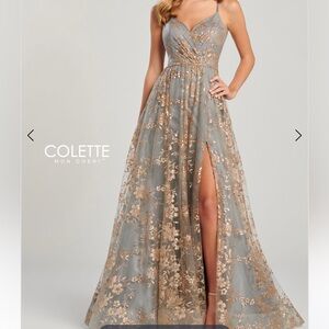Colette Mon Cheri Gray and Gold Floral Gown
